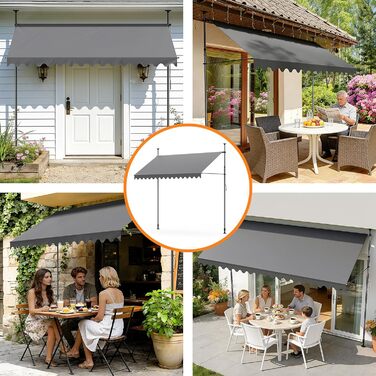 Тент-затискач сірий (250 x 175 см) Балконний тент без свердління Тент-затискач з ручним приводом Водонепроникний та сонцестійкий 250 x 175 см