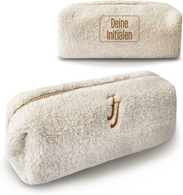Плюшева косметичка з вишитими ініціалами - персоналізована плюшева косметичка ідеально підходить як сумочка-органайзер (бежева) Пе