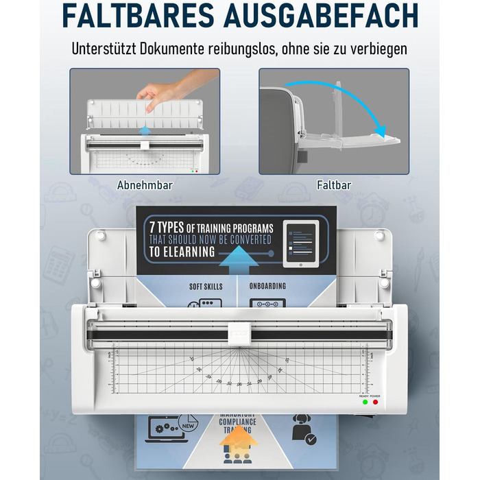 Ламінатор A4, гарячий та холодний ламінатор з 20 ламінуючими пакетами для паперів A4, A5 та A6, ламінатор 12-в-1 з різаком для паперу та закруглювачем кутів, ламінуючий пакет для школи, дому та офісу, білий