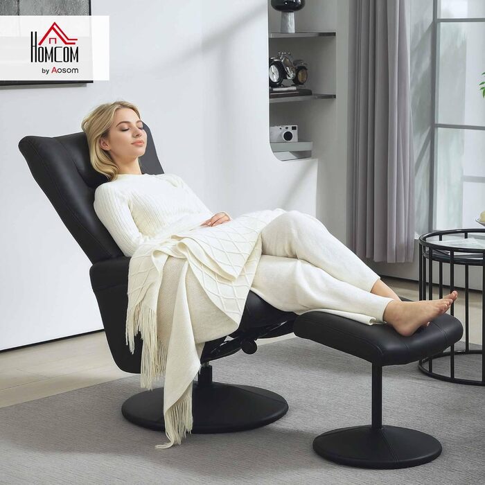 Крісло для телевізора HOMCOM з підніжкою, поворотне на 360 з функцією відкидання, розслаблююче крісло з регульованою спинкою, крісло для телевізора з вантажопідйомністю до 150 кг, для вітальні, штучна шкіра, чорний колір
