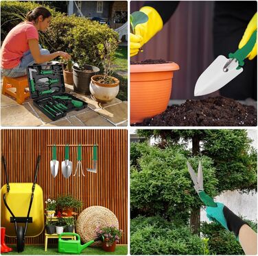 Набір садового інструменту, 11 предметів, з сумкою для перенесення. Комплект для копання, посадки та обрізки. Унікальний набір садового інструменту з рукавичками для жінок та чоловіків (Зелений)