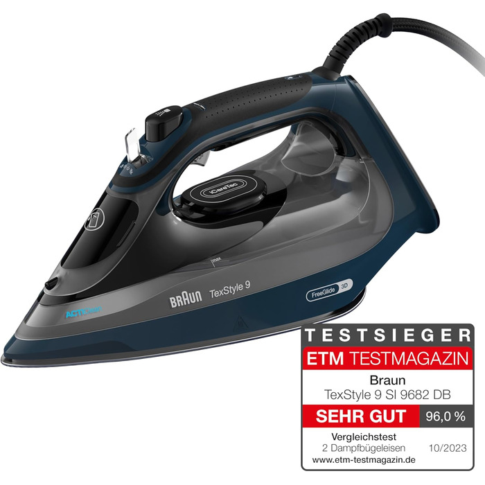 Парова праска Braun TexStyle 9 SI9682 DB з технологією FreeGlide 3D, вертикальна подача пари, функція захисту від крапель, функція