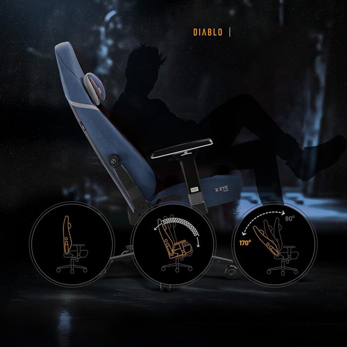 Ергономічне ігрове крісло Diablo з тканини, крісло X.Eye Prime для ПК з магнітним підголівником, ігрове крісло з функцією охолодження, ігрове крісло, ергономічне, міцне, з тканини, 140 кг, Meta Ocean
