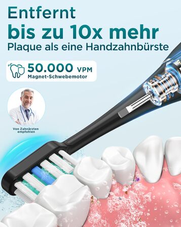 Електрична зубна щітка для дорослих і дітей звукова щітка з 8 насадками (3 типи), 90 днів роботи від акумулятора, 5 режимів, 50000 обертів на хвилину, дорожній футляр, таймер, чорний колір