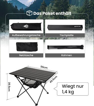Стіл для кемпінгу OneTigris SWIFLY, алюмінієвий, складаний, маленький розкладний стіл, надлегкий портативний вуличний стіл, складний стіл, вантажопідйомність до 30 кг для використання на свіжому повітрі, для походів (56x40,5x39,5 см)