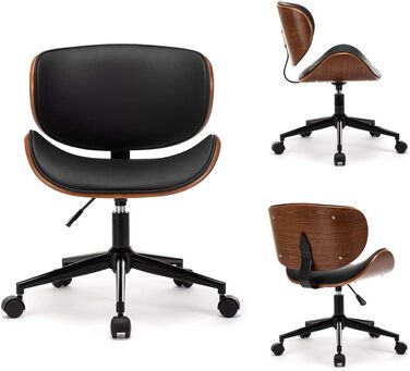 Дерев&39яне офісне крісло Mingone, комп&39ютерне крісло, ергономічне робоче крісло на 360, обертове крісло, дизайн крісла з крилами та колесами, регульована висота, шкіра, чорний колір, до 150 кг, чорні ніжки, стиль 1