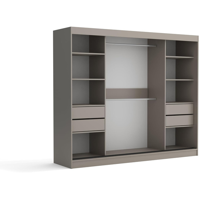 Шафа з дзеркалом та шухлядами, ширина 235 см, Chelsea Tomy, шафа з розсувними дверима та дзеркалом, шафа для спальні, шафа камінь/бежевий.