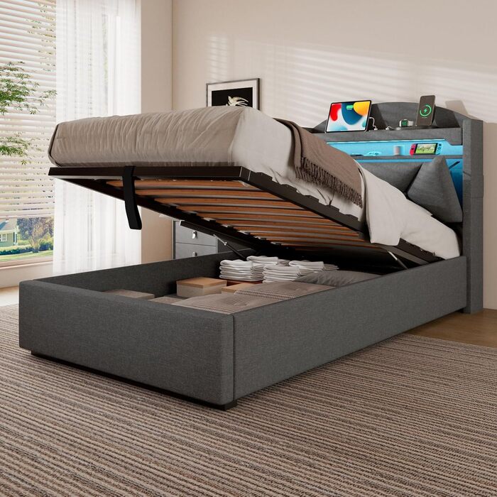 М&39яке односпальне ліжко 90x200 см зі світлодіодним освітленням, портом USB-C, гідравлічним ліжком, дитяче ліжко з місцем для зберігання та узголів&39ям, каркас ліжка з металевим каркасом, коробкою для зберігання та рейковою основою, лляне, сіре, без мат