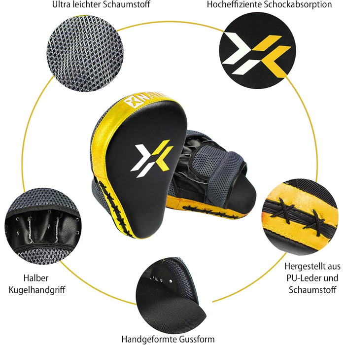Боксерські щитки з високоякісною підкладкою - 1 пара боксерських щитків для кікбоксингу для оптимального поглинання ударів, тренувальні щитки для чоловіків та жінок, жовті