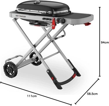 Газовий гриль Weber Traveler портативний складаний гриль на колесах з автоматичним замком кришки та вбудованим термометром, 1 пальник, ширина 111 см, площа гриля 2065 см, чорний (2026)