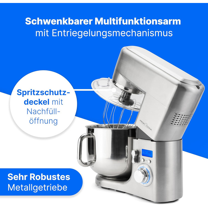 Кухонний комбайн ProfiCook з чашею з нержавіючої сталі XXXL Міксер 10 л з двигуном 1500 Вт Тістомісильна машина з гаком і віночком Машина для замішування тіста Захист від бризок з отвором для наповнення PC-KM 1096 Нержавіюча сталь 10 літрів