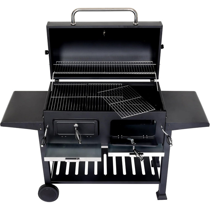 Мангал HWC-K94, візок для барбекю BBQ садовий з кришкою-поличкою, емальована сталь 110x153x60см чорний