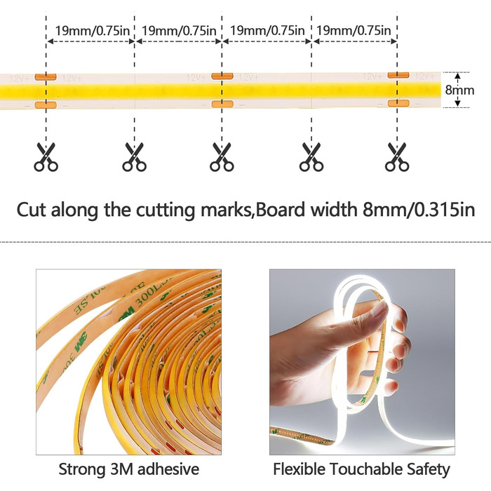 Світлодіодна стрічка GOMING 12 В COB 3000K IP65 Водонепроникна 5 М тепла біла світлодіодна стрічка 11 Вт/М 312 світлодіодів / м Самоклеюча світлодіодна стрічка CRI 93 Світлодіодна стрічка високої яскравості для внутрішнього та зовнішнього оздоблення будин