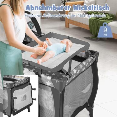 Дитяче ліжечко COSTWAY 4-в-1, портативне приліжкове ліжечко, дорожнє ліжечко зі складним матрацом, пеленальний столик, балдахін, ігрова арка та музичний мобіль, колиска з колесами, люлька для дитини до 36 місяців (сіра) темно-сіра