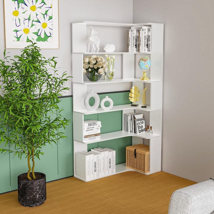 Г-подібна кутова полиця з 5 полицями, велика відкрита окремостояча полиця, кутова книжкова полиця білого кольору для спальні, вітальні, кабінету, 90x48x169 см 90 x 48 x 169 см Білий