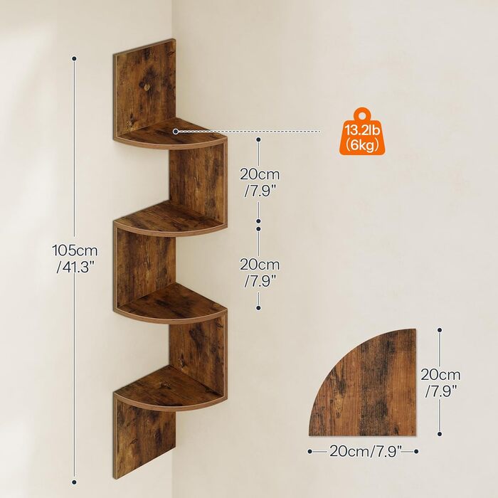 Настінна полиця HOOBRO, комплект із 2 предметів, кутова полиця, плаваюча полиця, 4-ярусна полиця, унікальний зигзагоподібний дизайн, компактна, для вітальні, спальні, їдальні, ретро-коричневий EBF25BJP201 темно-коричневий чорний 20 x 20 x 105 см