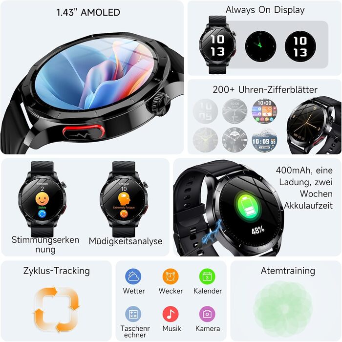 Новий смарт-годинник 2026 року для чоловіків з ЕКГ/ВСР/монітором батареї/ІМТ/сечовою кислотою, 1,43-дюймовий AMOLED-годинник для здоров&39я з 24-годинним зворотним тиском, SpO2, апное, монітором сну, екстреним викликом SOS, фітнес-годинник для Android/iOS