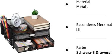 Настільний органайзер на 3 лотки з висувним ящиком, сітчастий органайзер для канцелярського столу Органайзер для документів Лоток для листів для офісу Дім (2 тримачі для ручок) Чорний-3 шухляди