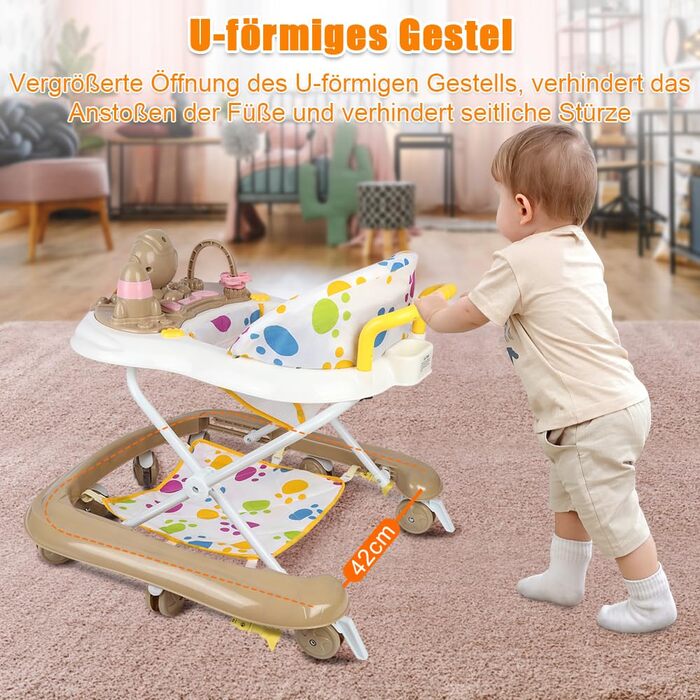 Складані дитячі ходунки Homewell 2-в-1 з сонцезахисним тентом та ручкою для штовхання, регульована висота в 5 положеннях, ходунки з музичною та активною дошкою, дитячі ходунки, діти 624 місяці (хакі)