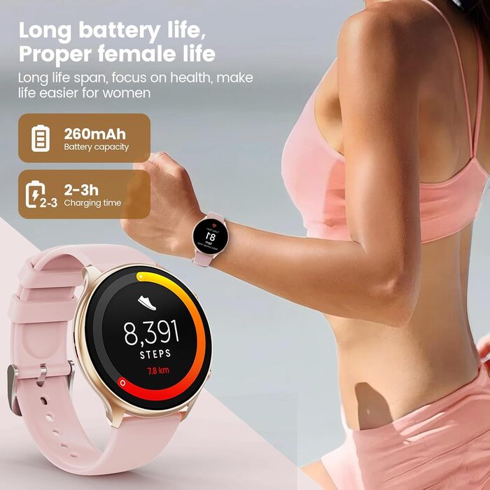 Жіночий круглий смарт-годинник із функцією телефону, фітнес-трекер із сенсорним екраном 1,39 дюйма, монітором серцевого ритму, монітором SpO2, монітором сну, монітором менструального циклу, понад 120 спортивних режимів, крокоміром для iOS та Android (чорн