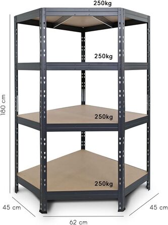 Кутова полиця Rivet, міцна полиця з HDF-плитою, 180x90x45x64,5 см (ВxШxГ), 4 полиці, 250 кг на полицю, антрацитово-сірий