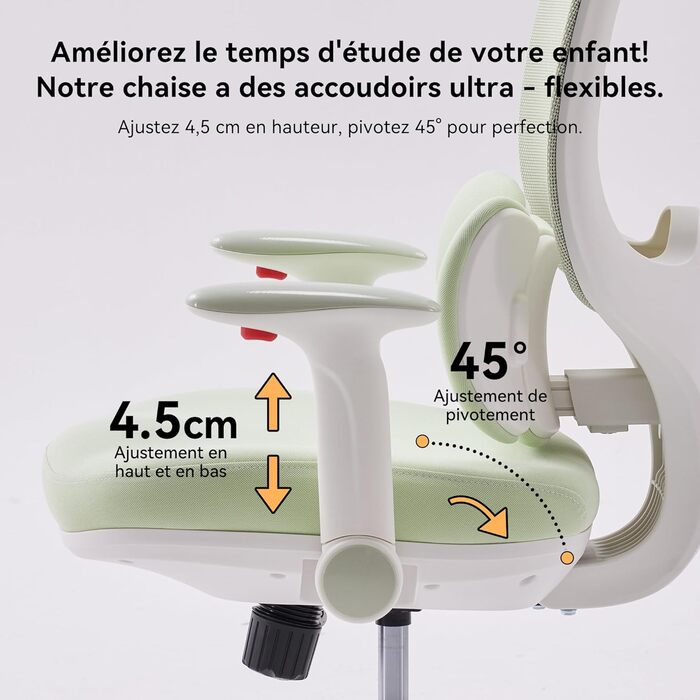 Дитяче письмове крісло MUSSO T30, ергономічне поворотне крісло з 3D-підтримкою поперекового відділу хребта/глибиною сидіння, 2D-підлокітниками/підголівником/поворотом 45, регулюванням висоти, сітчастим чохлом, підходить для школи, дитячої кімнати та викор