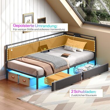 Диван-ліжко HOOBRO 90 x 200 см з 2 шухлядами, рейкова основа, каркас ліжка, м&39яке ліжко із зарядною станцією та світлодіодним освітленням, м&39яке ліжко, односпальне ліжко, для спальні, сірий та чорний EBG81CDBF01