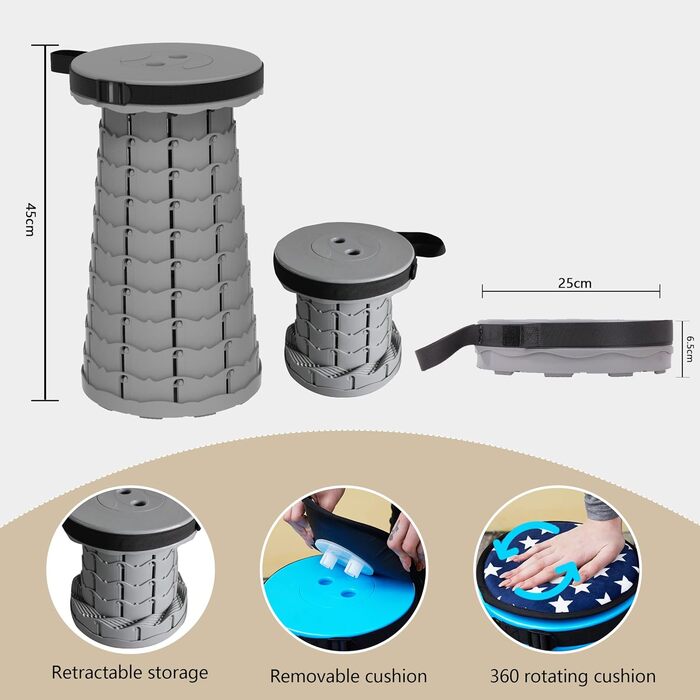 Портативний складаний стілець з подушкою, складний кемпінговий стілець, телескопічний складаний стілець для дорослих для походів, риболовлі, подорожей, барбекю, вантажопідйомність 200 кг з сумкою для перенесення, сірий