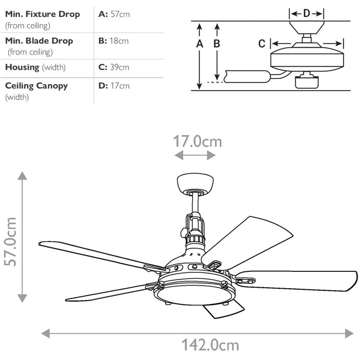 Стельовий вентилятор Elstead Hatteras Bay 142 см зі світлодіодним підсвічуванням з регулюванням яскравості 3000 K, полірована анти