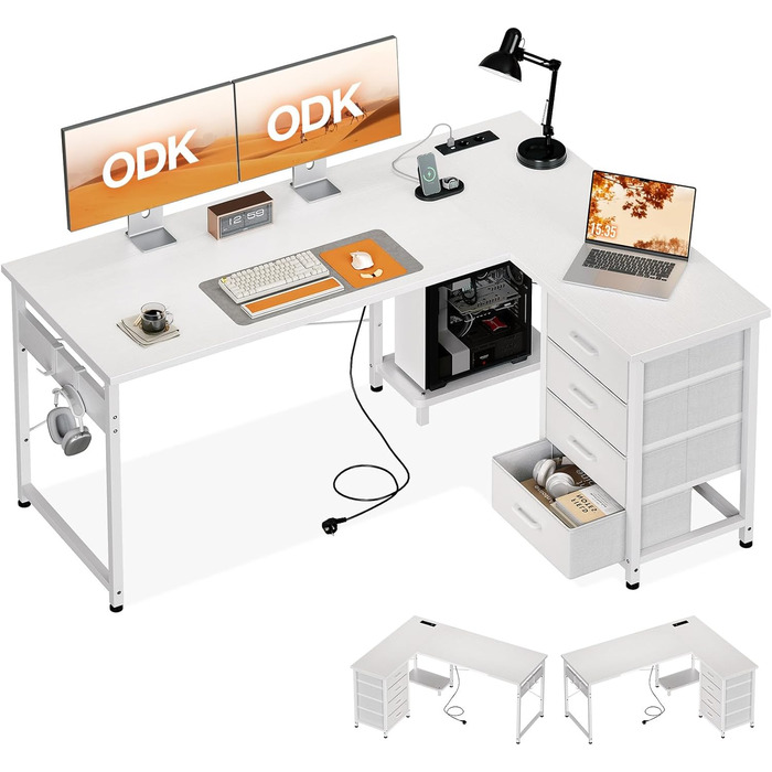 Кутовий письмовий стіл ODK з 4 шухлядами, 135100 см L-подібний стіл з розеткою та портом зарядки USB, двосторонній стіл з місцем для зберігання для домашнього офісу, білий колір 135 100 см
