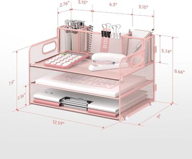 Рівневий органайзер для столу з ручкою та 3 тримачами для ручок, сітчастий органайзер для паперу/файлів на стіл, лоток для паперу та листів, рожевий Pink 1, 3-