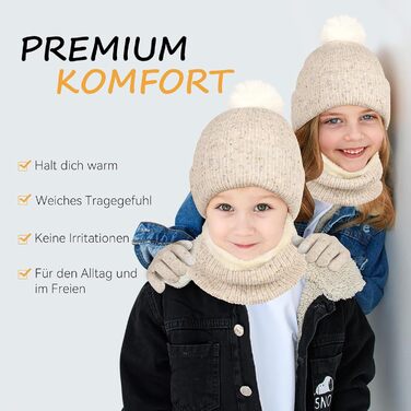 Дитячий зимовий комплект OZERO (6-12 років) - в&39язана шапка, шарф-петля, терморукавички з флісовою підкладкою, нековзні рукавички, теплий комплект із 3 предметів для хлопчиків та дівчаток, для ігор на вулиці та дитячого садка, бежевий