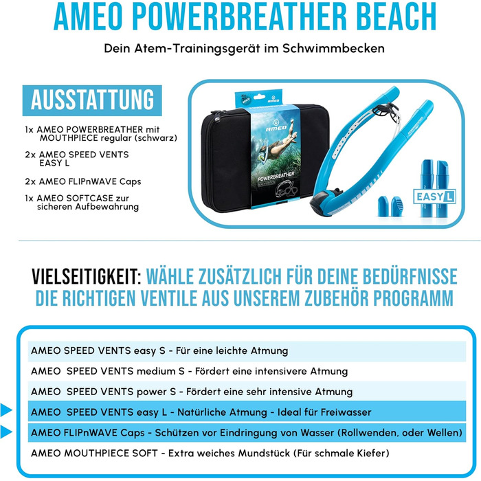 Сноркель Fresh Air - Тренажер для басейнів та відкритої води, для дорослих та дітей - Набір для сноркелінгу з інтелектуальною системою клапанів та 100 сухим повітрям для дихання, синій/синій