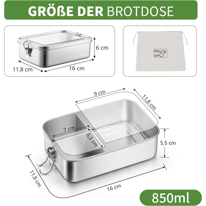 Ланчбокс Homikit з роздільниками, нержавіюча сталь, 850 мл. Бенто-бокс з сумкою для дітей та дорослих, контейнер для обіду з виймаються перегородками та герметичною кришкою з силіконовим ущільнювачем.
