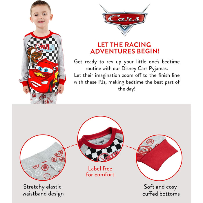 Піжами Disney Cars Піжами Блискавка МакКвін для хлопчиків Довгі піжами для дітей 3-4 років, різнокольорові