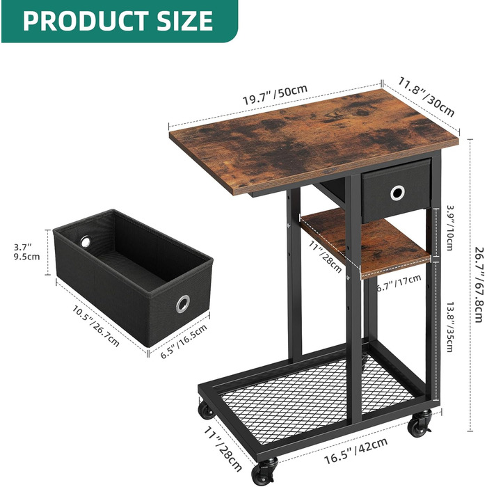 Журнальний столик YITAHOME, С-подібний диван-стіл з колесами та шухлядою, журнальний столик та журнальний столик для ноутбука, для вітальні, спальні, 50 x 30 x 67 см, рустикальний коричневий