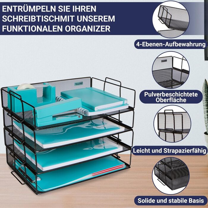 Штабельований настільний органайзер, 4 відділення Металева сітка Чорний органайзер для сортування листів для бізнесу, дому, школи, магазинів, магазинів тощо, упорядковуйте файли, папки, листи, листи з легованої сталі