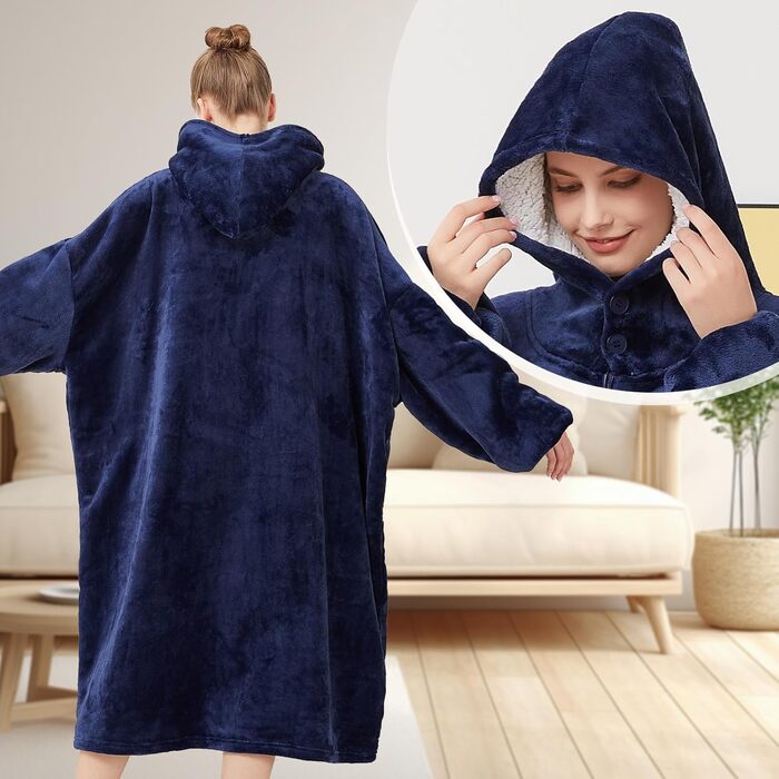 Ковдра з капюшоном на блискавці, жіноча, щільна, з рукавами, великий щільний светр, жіноча, чоловіча, портативна, з капюшоном, синя
