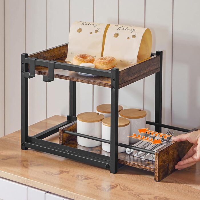 Підставка для спецій HOOBRO, 2-рівнева кухонна полиця, підставка для спецій з висувними лотками та гачками, кухонний органайзер, для кухні, вітальні, спальні, рустикальний коричневий та чорний EBF08TL01