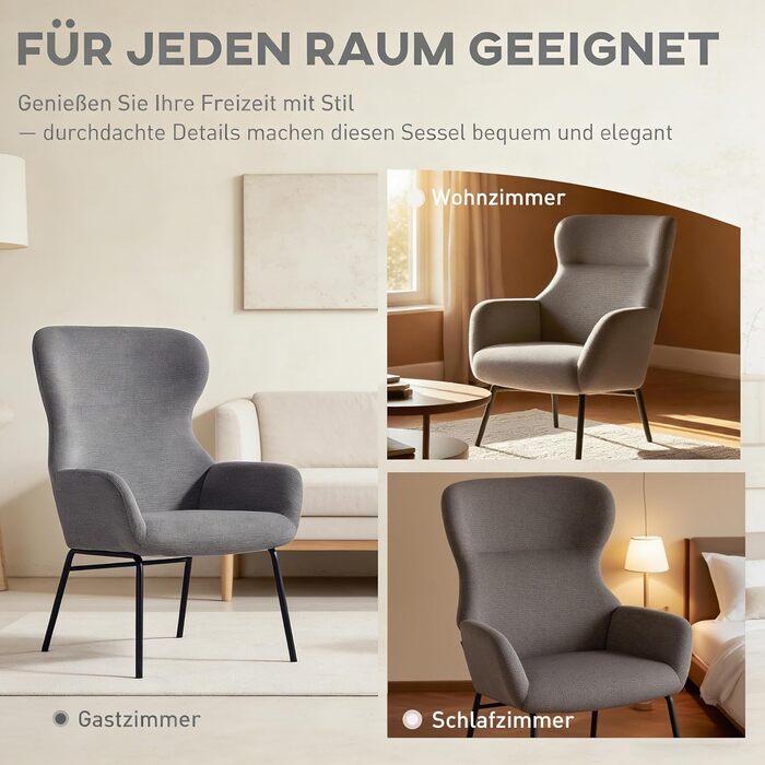 Крісло HOMCOM Wingback, крісло для вітальні, крісло для відпочинку, крісло-реклайнер з високою спинкою, сталеві ніжки, м&39яке крісло з лляним виглядом, крісло для читання для спальні, темно-сірий
