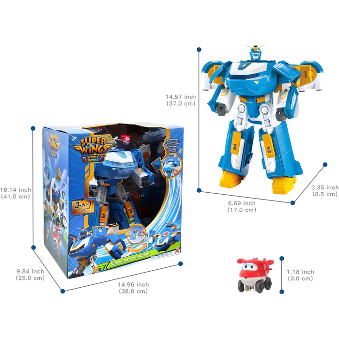 Робот-трансформер Super Wings 3-в-1 Світовий літак-трансформер зі світловими та звуковими ефектами, з реактивним літаком-трансформером 2'', іграшка-трансформер для хлопчиків та дівчаток віком від 3 років і старше
