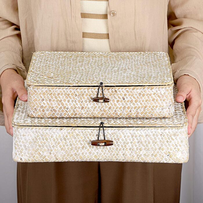 Кошик SUMNACON з ротанга, 2 шт., виготовлений з натуральної морської трави, з кришкою, коробка для зберігання ручної роботи, кошики для зберігання, кошик-органайзер для кухні, ванної кімнати, спальні, великий малий (прямокутний, білий)