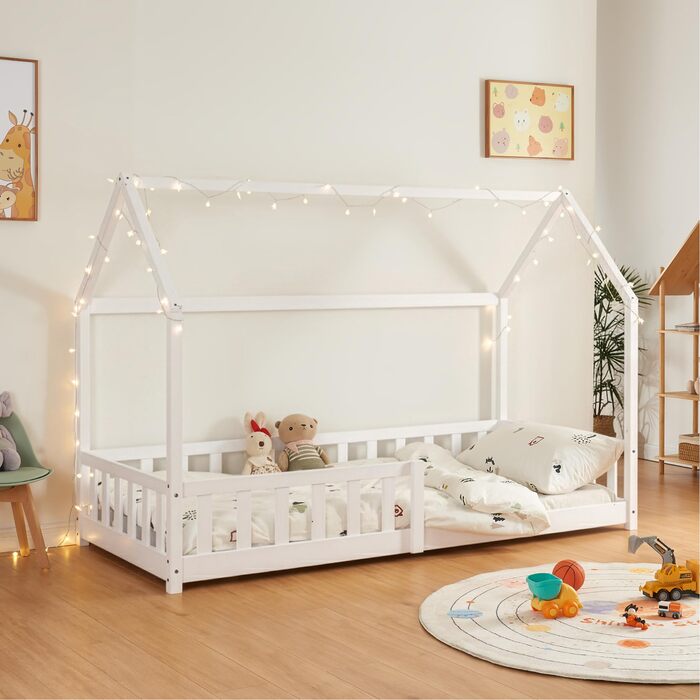 Дитяче ліжко Hesel, домашнє ліжко, біле, 90 x 200 см, із захистом від падіння та рейковою основою, підлогове ліжко Монтессорі, дитяче ліжко, дерев&39яне ліжко