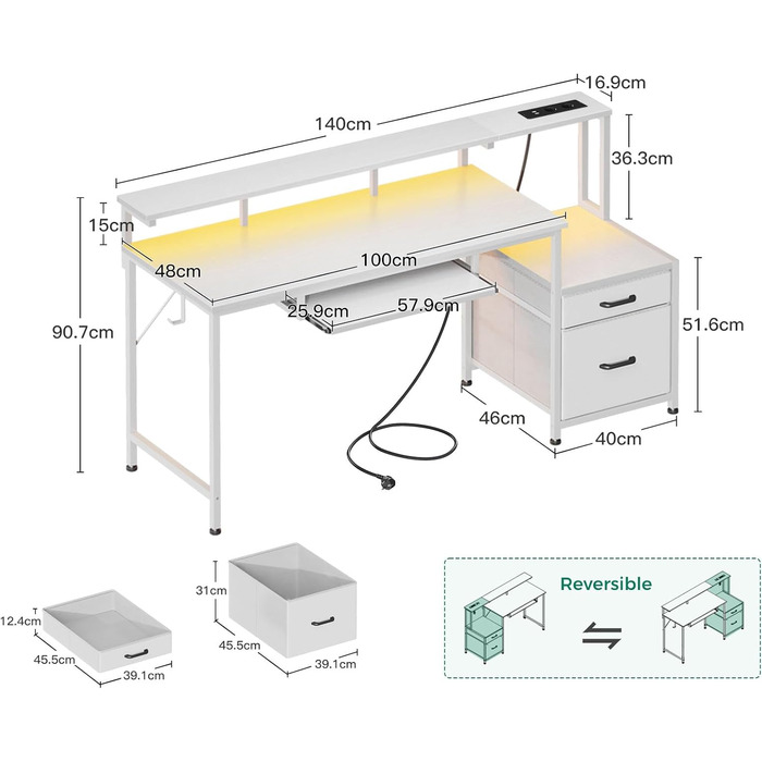 Ігровий стіл Coleshome зі світлодіодним освітленням, 140x48 см, стіл з тканинними шухлядами, комп&39ютерний стіл з 2 розетками та 2 USB-портами, ігровий стіл з підставкою для монітора для домашнього офісу, білий 140x48 см