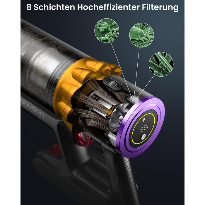 Акумуляторний пилосос Anyson 45000Pa/550W/70Min, 1.6 л акумуляторний пилосос супер тихий, акумуляторний пилосос самозаряджається з