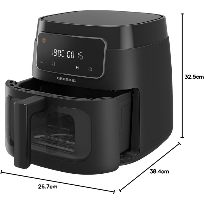 Фритюрниця Grundig FRY 7320, ємність 7,6 л, 1750 Вт, сенсорний дисплей, велике оглядове вікно, налаштування температури та часу, антипригарне покриття, кошик, який можна мити в посудомийній машині, чорний