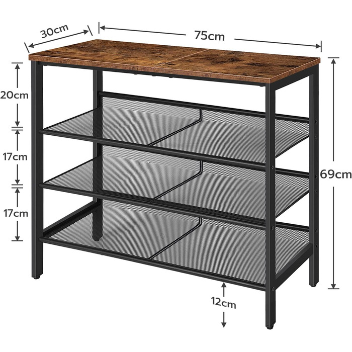 Взуттєва полиця HOOBRO, 4 полиці для взуття, шафа для взуття, регульована металева сітчаста полиця, містка верхня частина, для 12-15 пар взуття, вхід, коридор, індустріальний стиль, вінтажний коричнево-чорний EBF42XJ01 темно-коричневий чорний 75 x 30 x 69