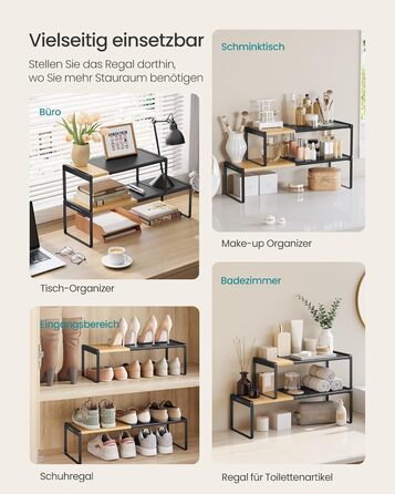 Стійка для спецій, набір з 2 шт. , висувна, кухонний органайзер, кухонна полиця, органайзер для шафи, тримач для спецій, кухня, невелика полиця, штабелюється, настільний органайзер, натуральний бежевий-чорний KCS051B01 2 натуральний бежевий чорнильний