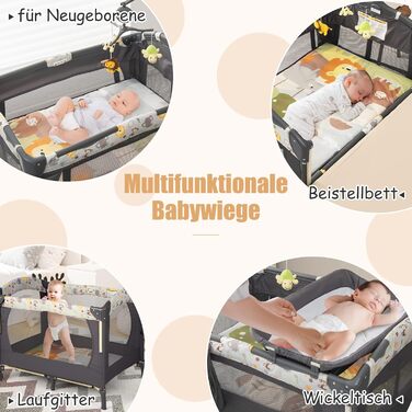 Складане дорожнє ліжечко DREAMADE 4-в-1, дитяче ліжечко з регульованою висотою та пеленальний столик, приліжкове ліжко з сумкою для перенесення, для дітей 0-36 місяців, темно-сіре