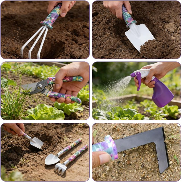 Набір садових інструментів 10 шт., з нержавіючої сталі, міцні та довговічні, з кейсом для зберігання. Ідеально підходить для посадки, обрізки та догляду за садом. Чудовий подарунок для садівника (фіолетовий)